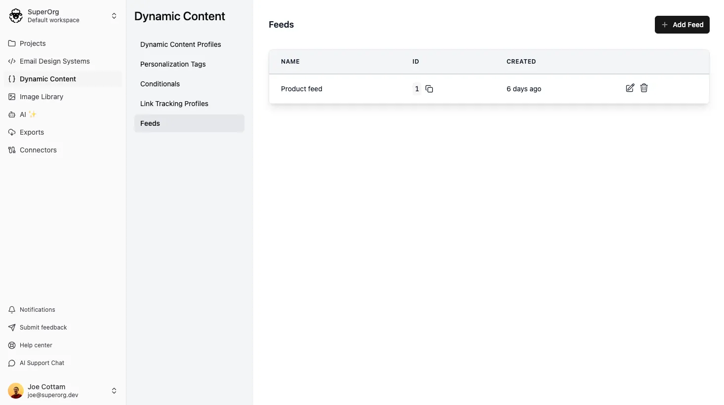 Screenshot showing the feeds page with Add Feed button highlighted
