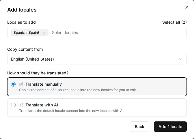 The Add locales form with Spanish (Spain) selected and Translate manually chosen