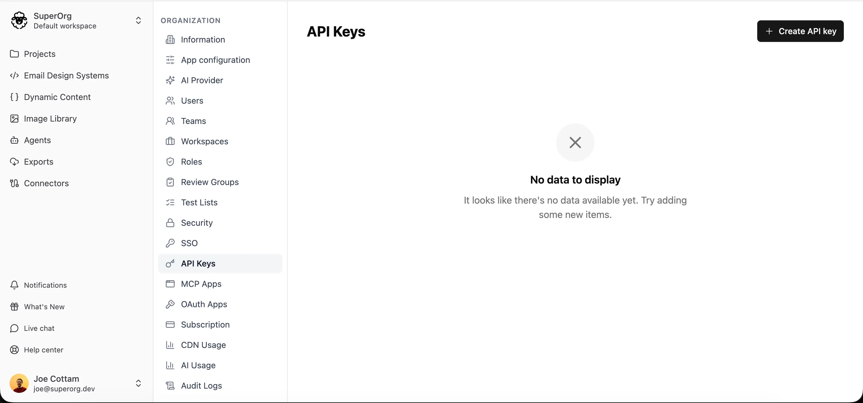 The API keys page under Organization Settings, with the Create API key button