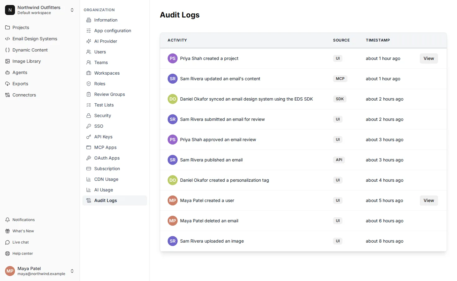 The Audit Logs page in Organization settings