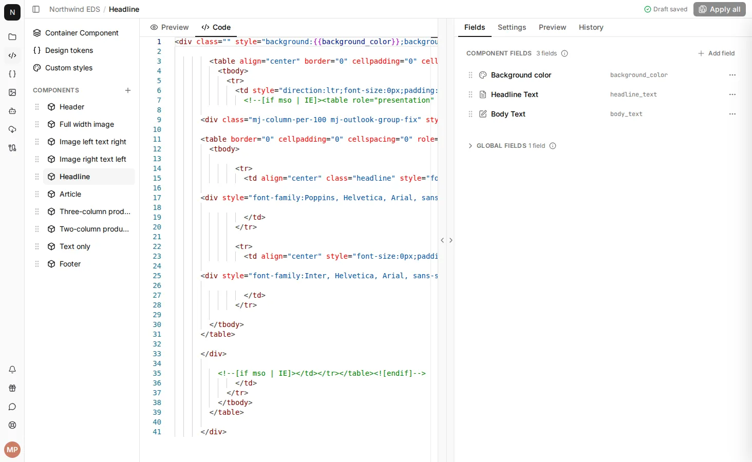 Editing a component's template