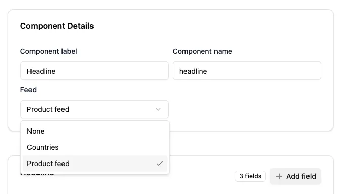 Screenshot of feed selection in component builder