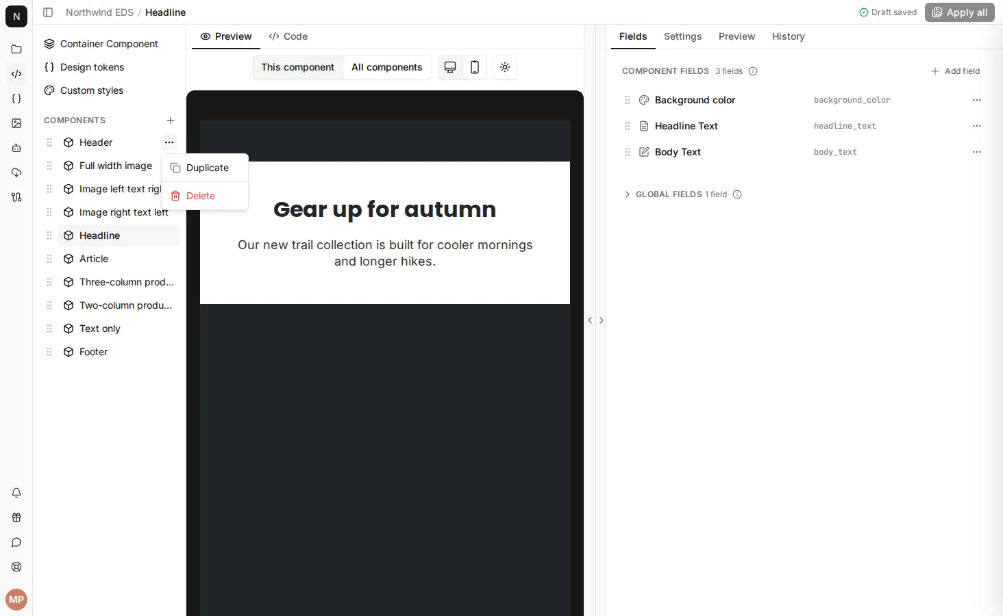 The options menu for a component