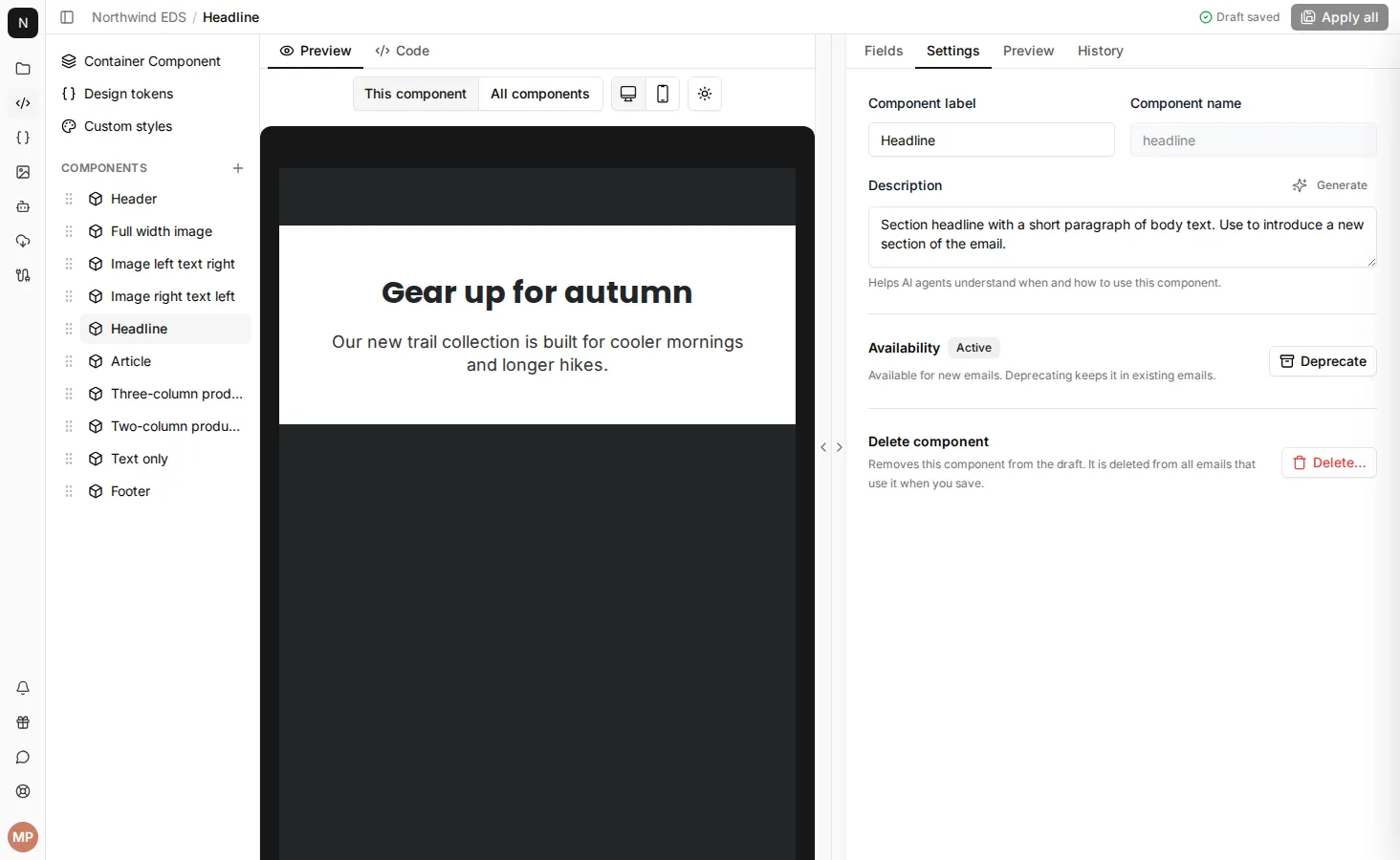 The Settings tab for a component
