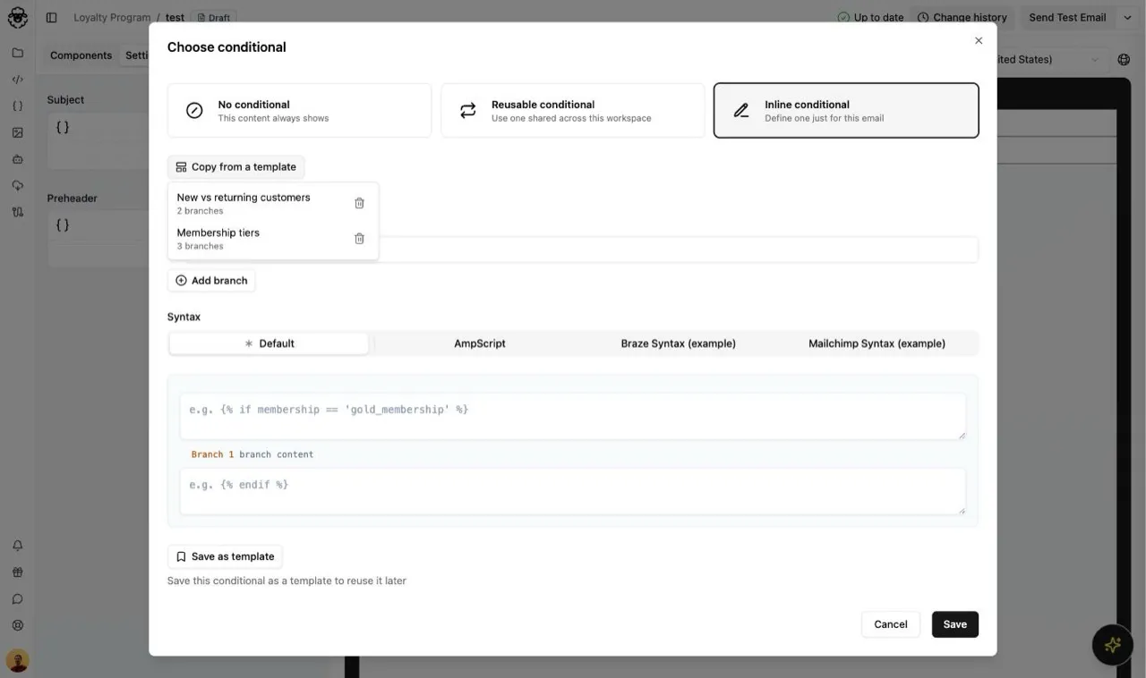 Choosing a conditional template to start from
