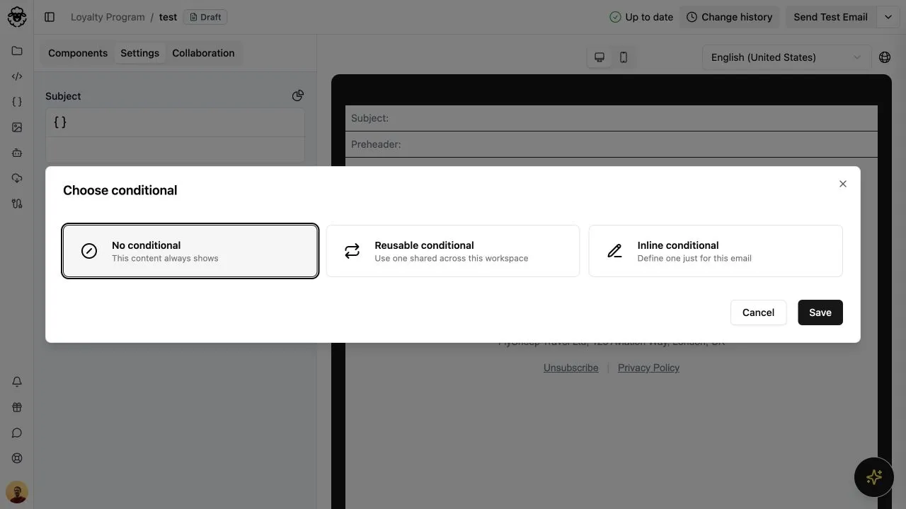 Choose between no conditional, a reusable conditional, and an inline conditional