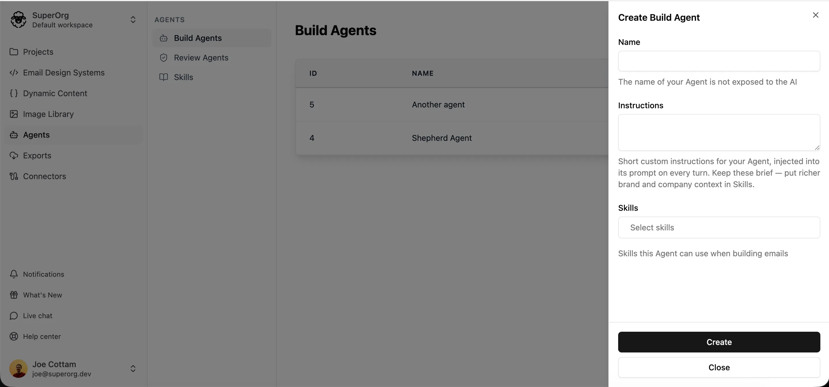 The Create Build Agent form, showing the Name, Instructions and Skills fields