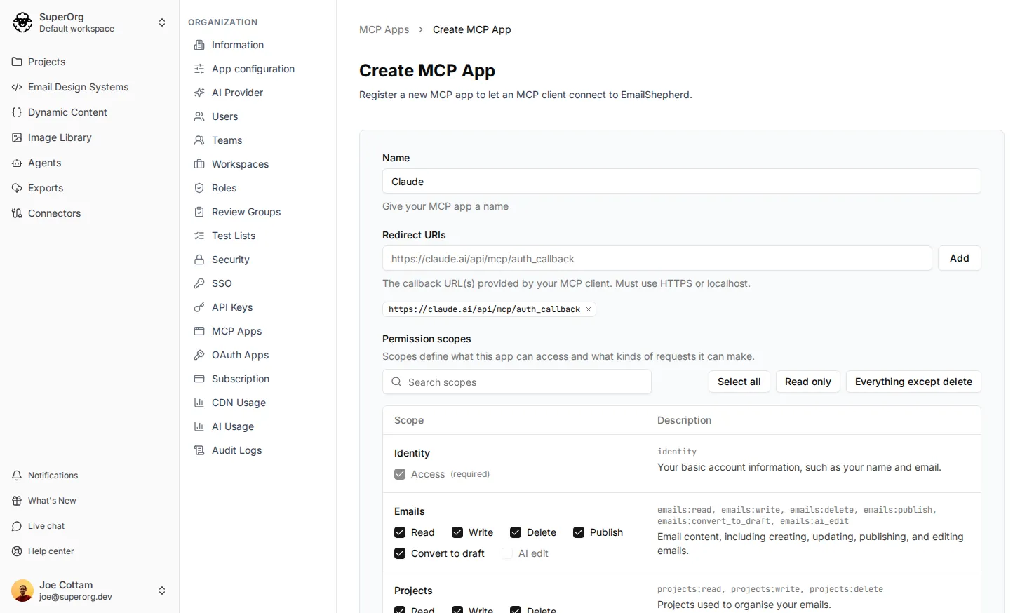 The Create MCP App form