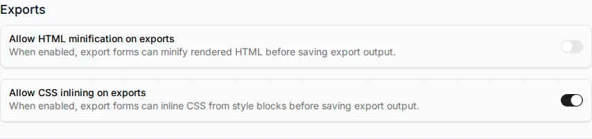 The export settings for HTML minification and CSS inlining