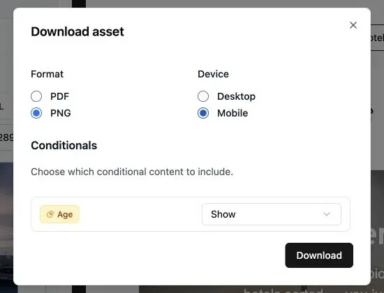The download dialog with PNG, Mobile, and conditional content selected