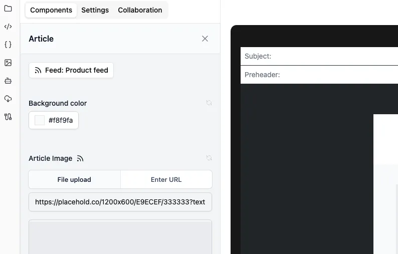 Screenshot of feed fields in component builder