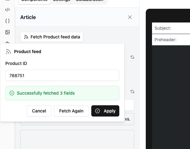 Screenshot of feed fields in component builder
