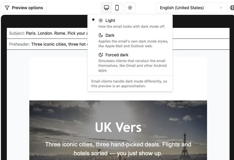 Email preview controls showing desktop, mobile, and dark mode options