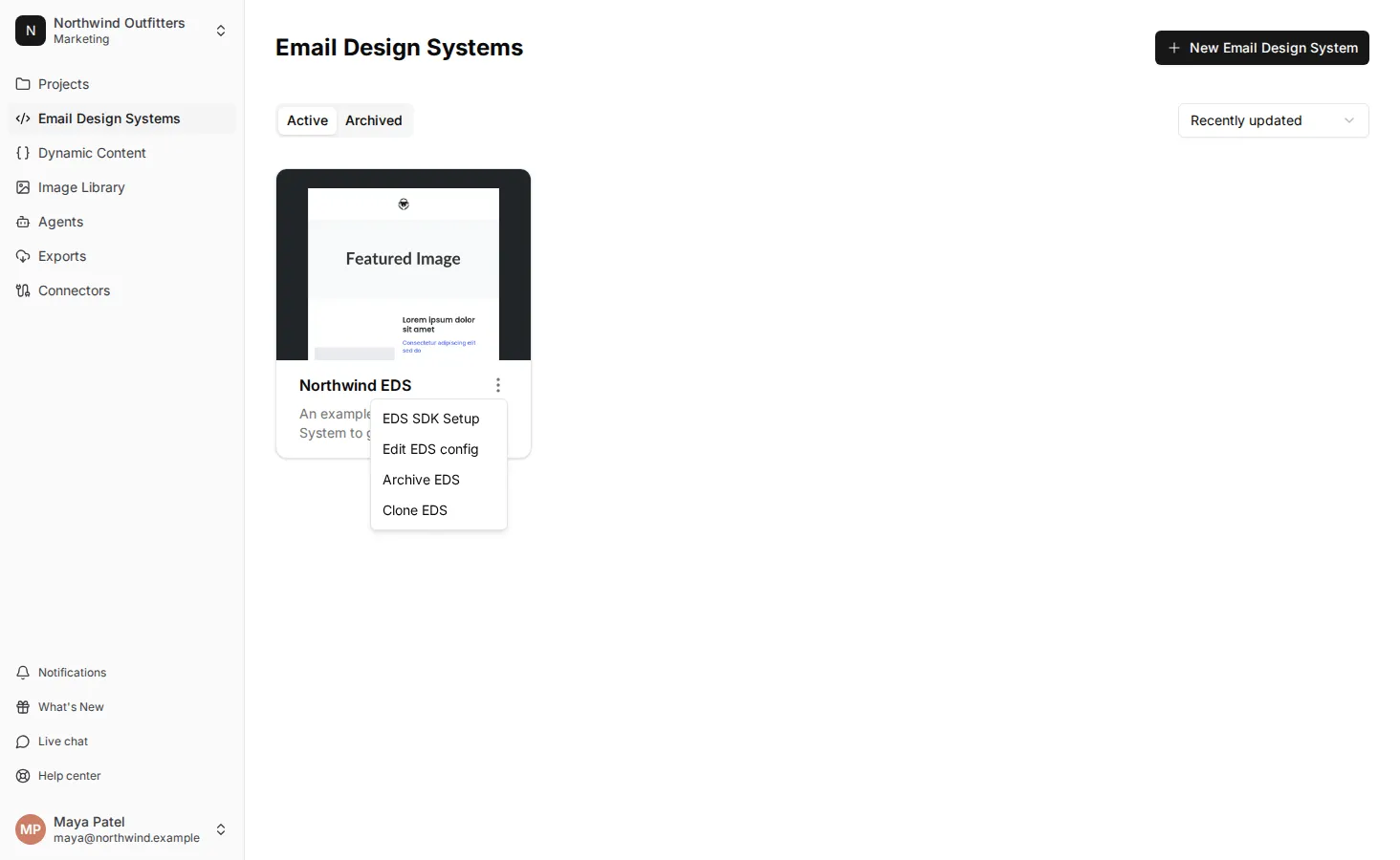 The options menu for an Email Design System