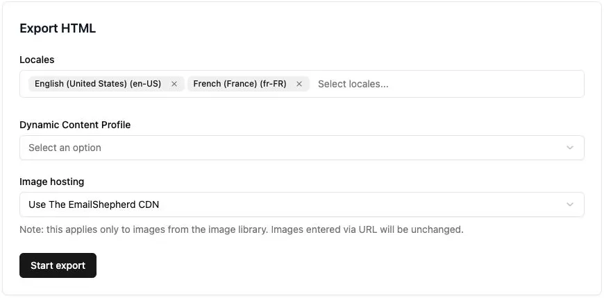 HTML export with English and French selected in the Locales field.