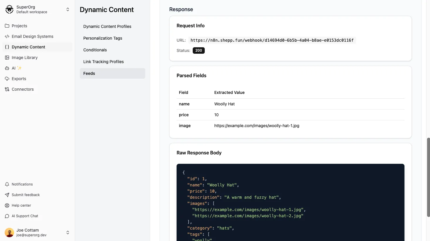 Screenshot of feed testing