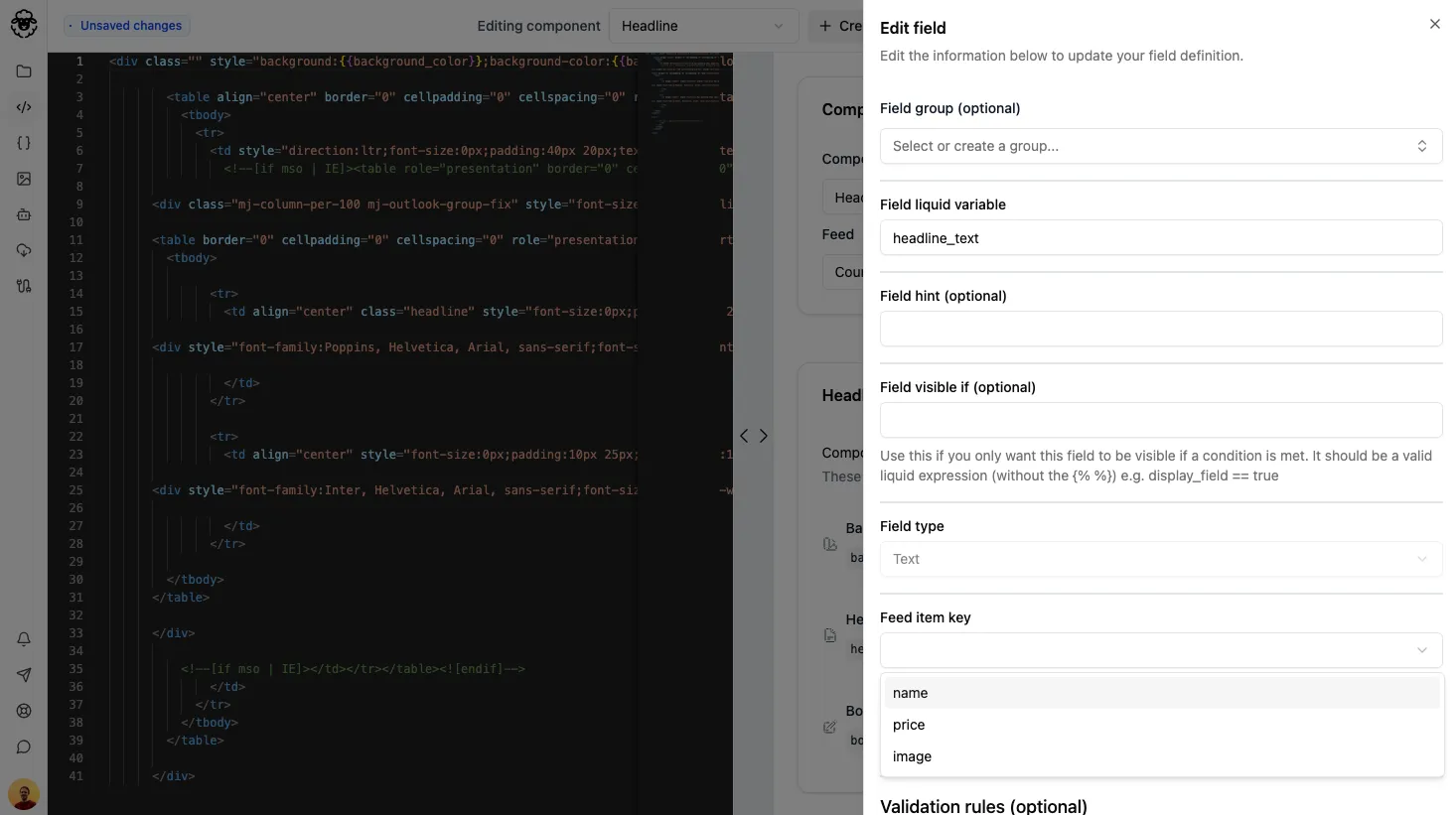 Screenshot of feed field mapping in component builder