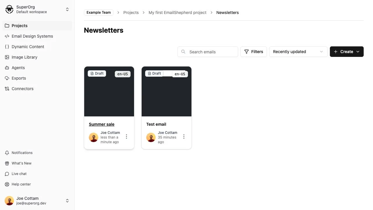 Emails inside the Newsletters folder