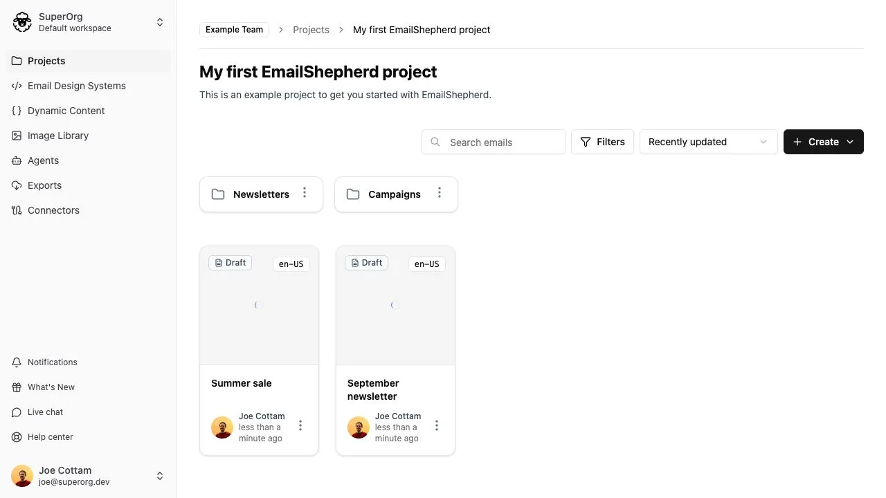 Folders and emails in a project