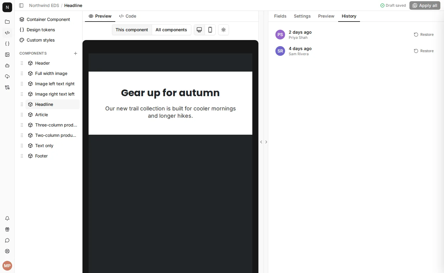 The History tab for a component