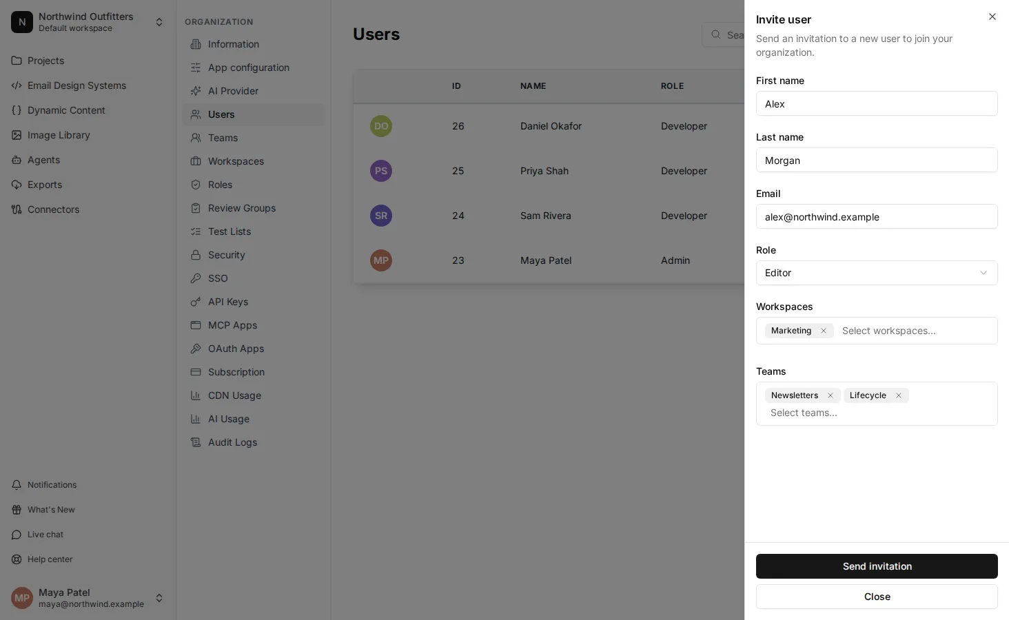 The Invite user form with a role, workspace and teams selected
