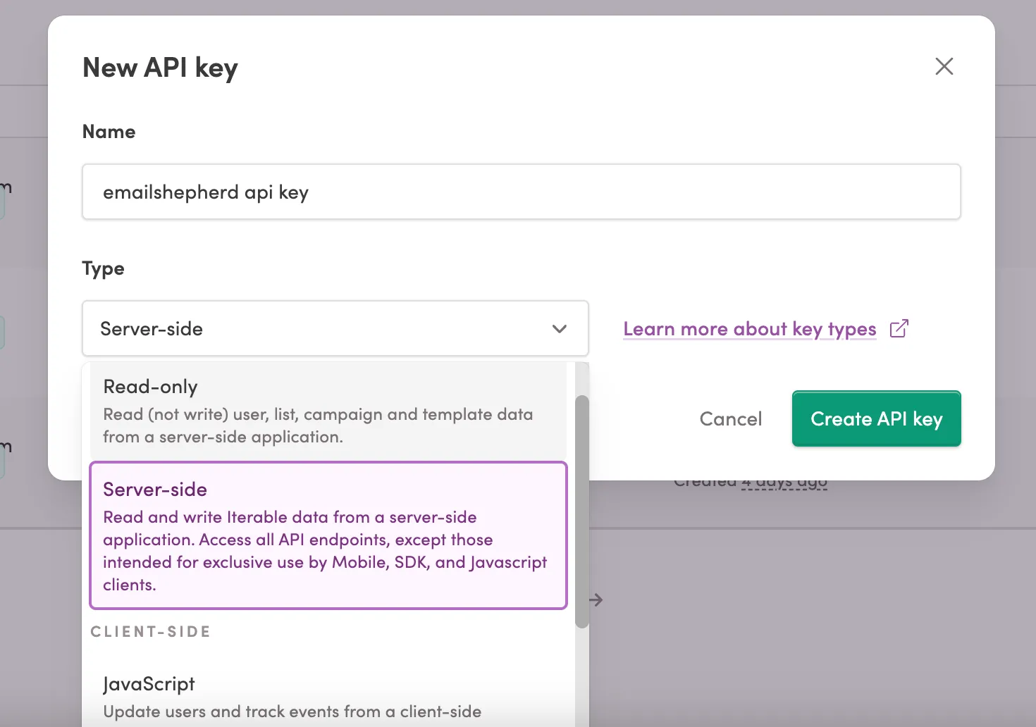 Iterable API key create