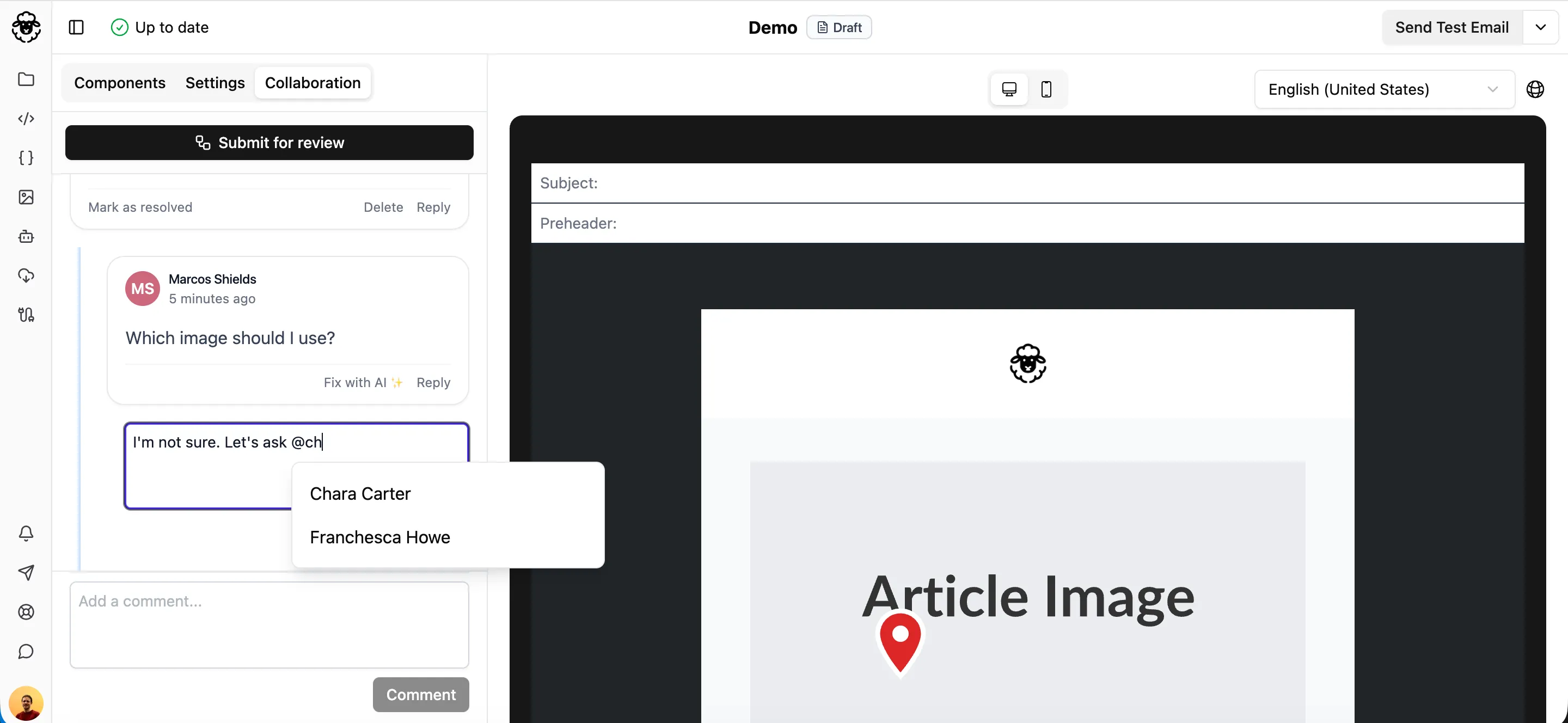 Mention dropdown showing team members
