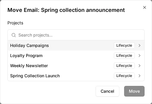 Choosing a project in the Move Email picker