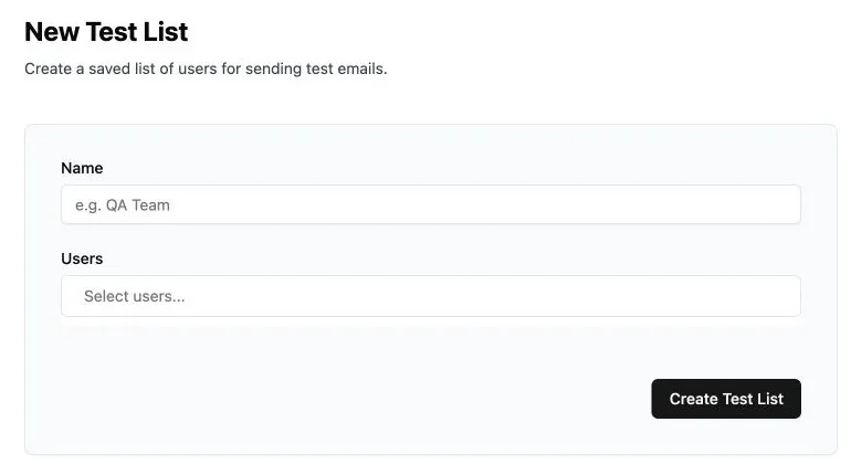 The form for creating a test list