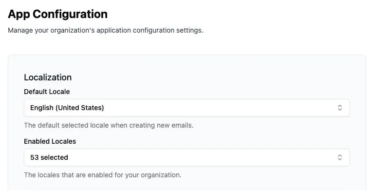 App Configuration showing the Default Locale and Enabled Locales settings.