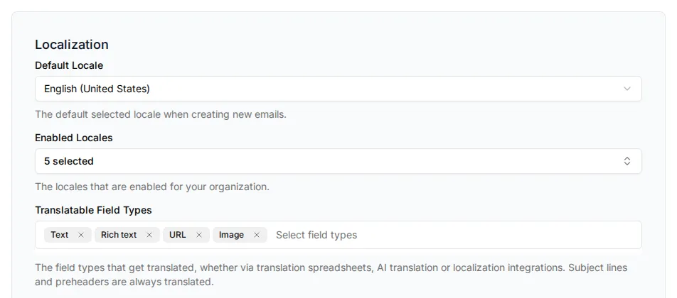 The Localization settings in App configuration