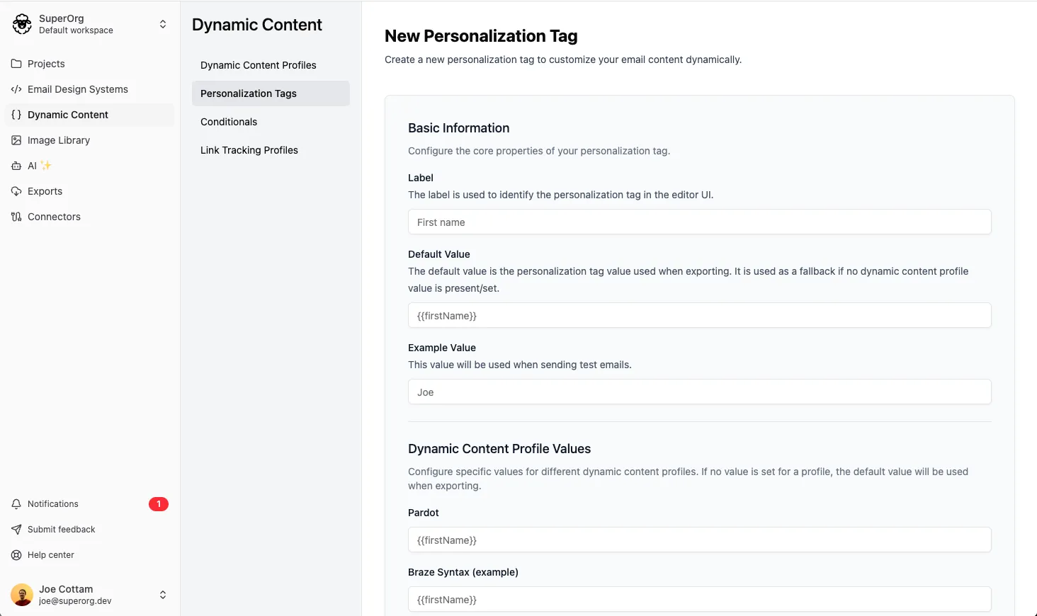 Personalization Tag Create