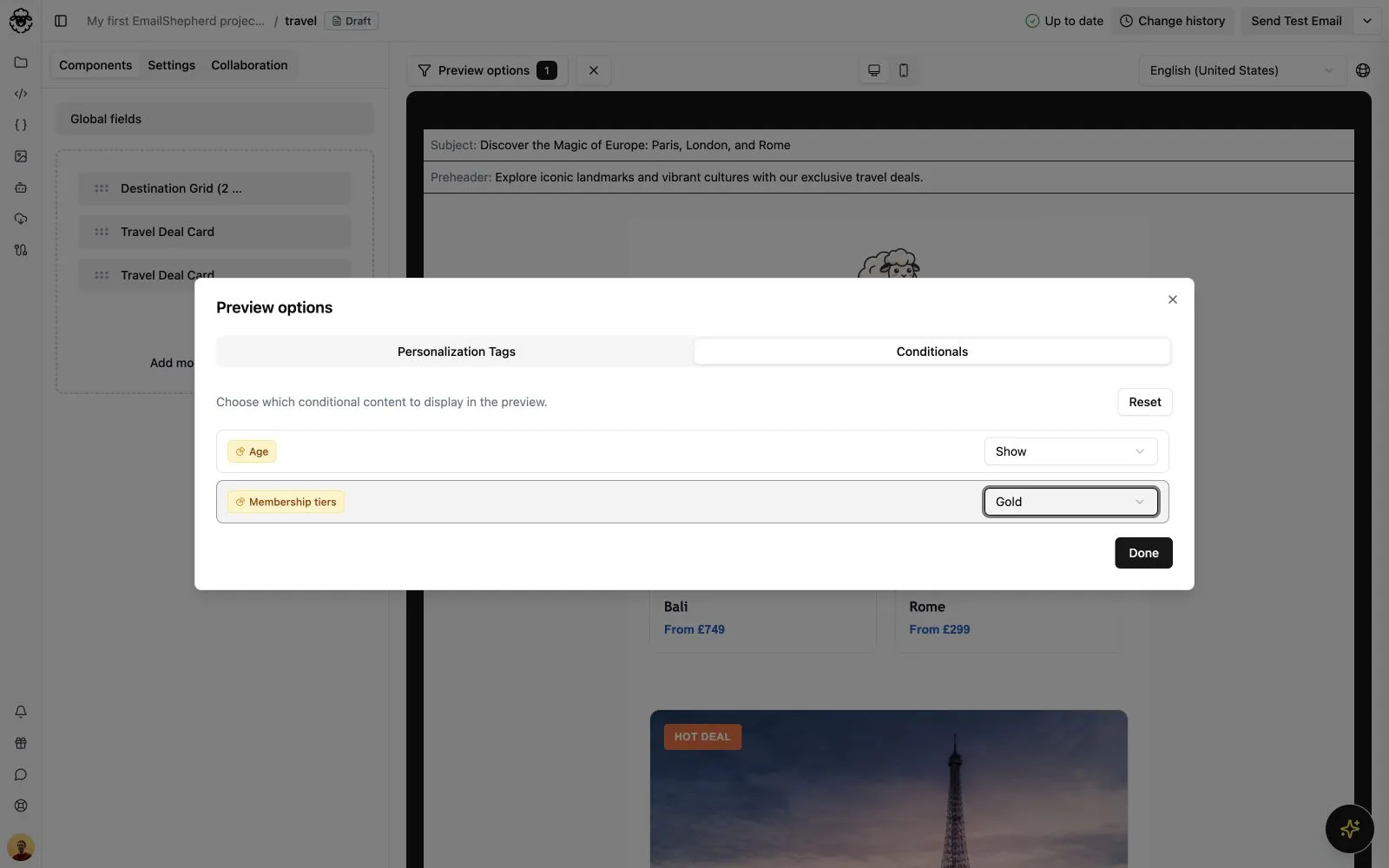 Preview options showing the Gold branch selected for the Membership tiers conditional