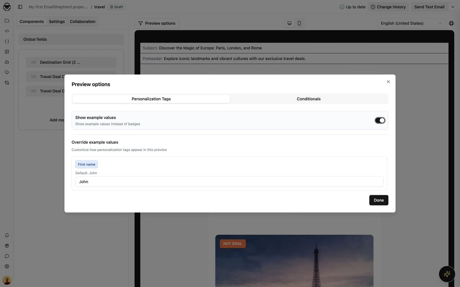 Preview options showing the saved example value for a personalization tag