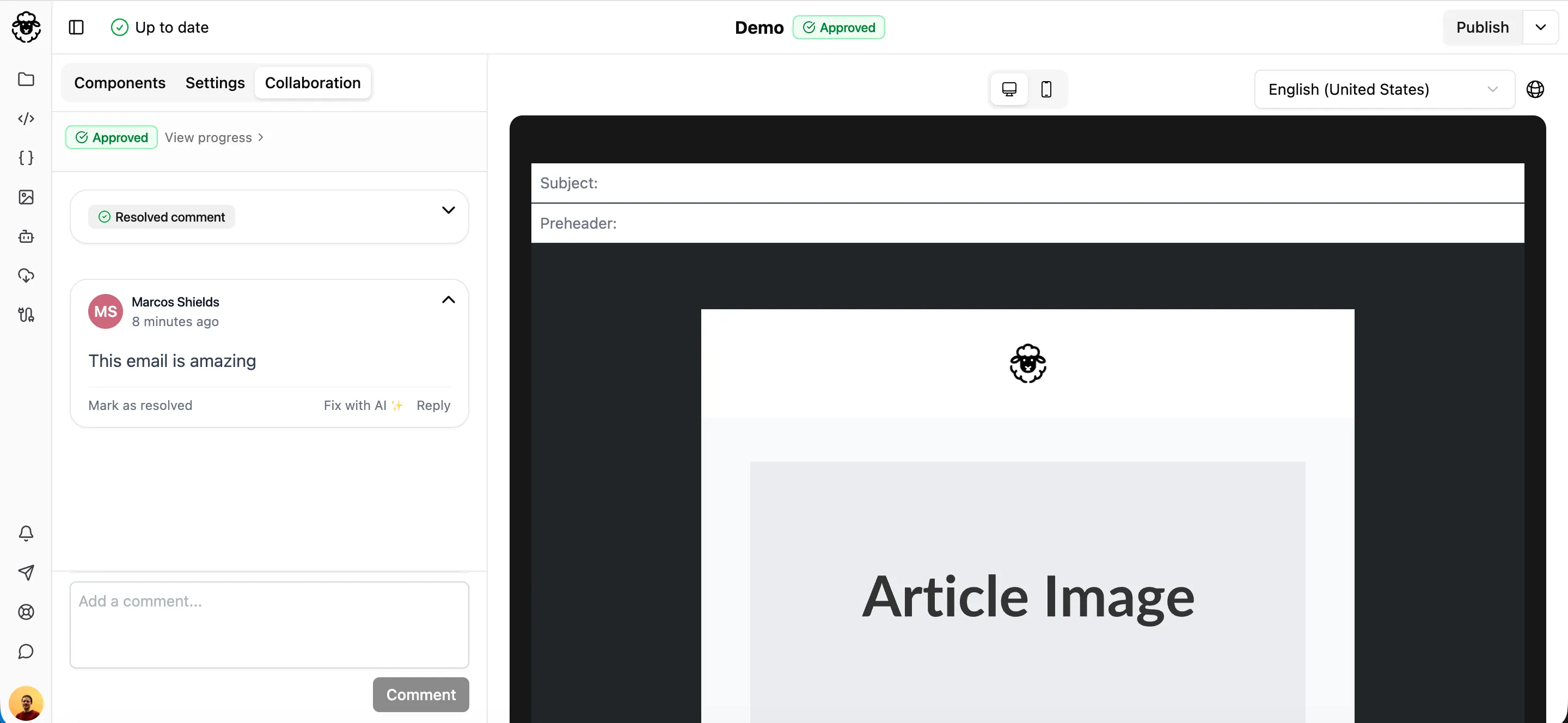 Publish button for approved emails