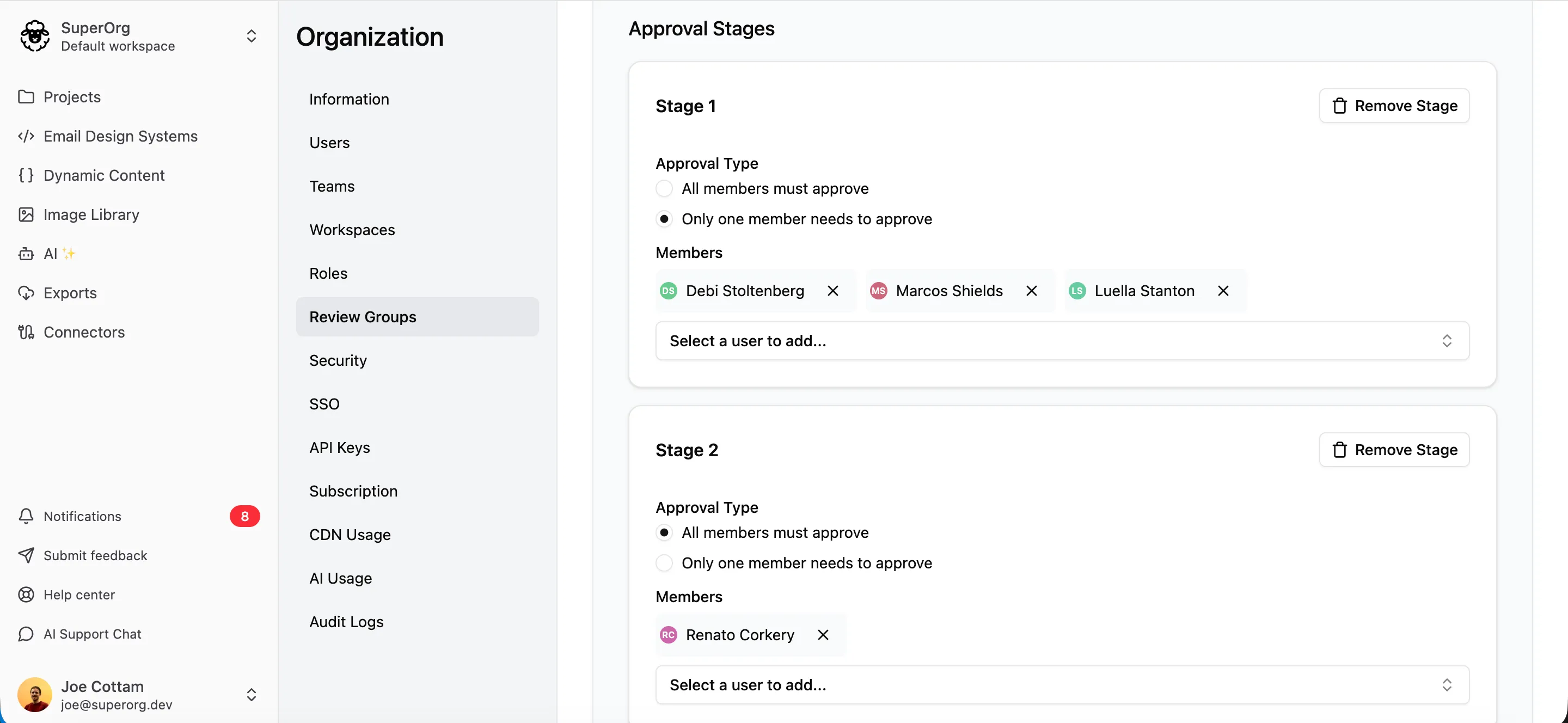 Configuring review group stages