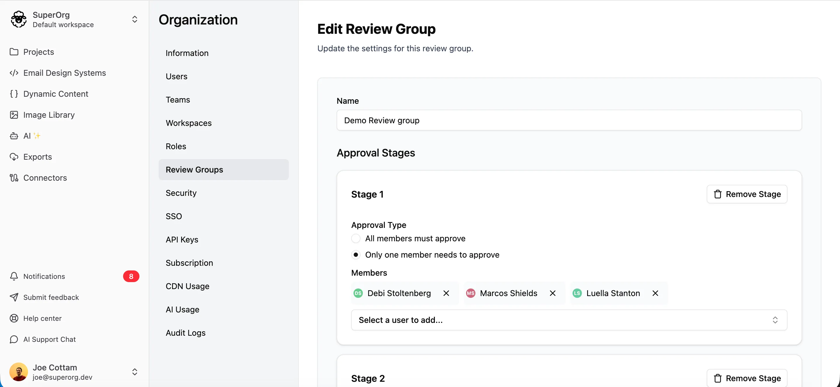 Review groups settings page