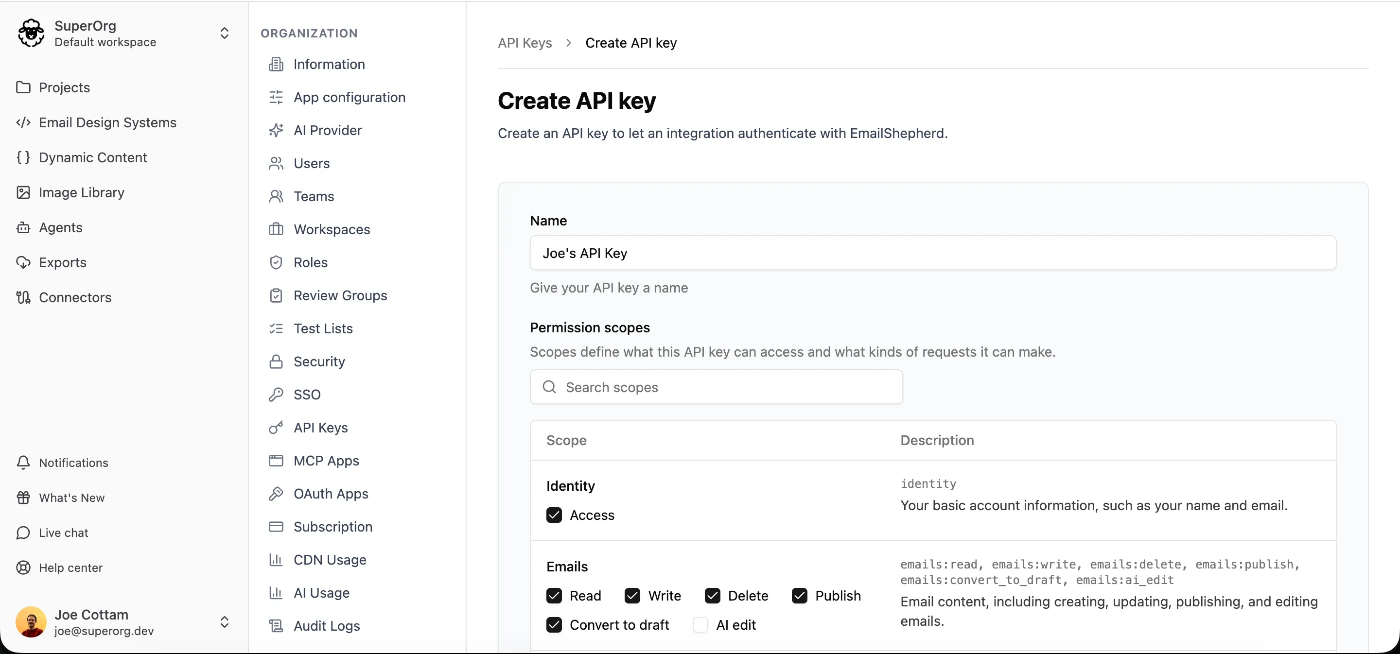 Selecting scopes when creating an API key
