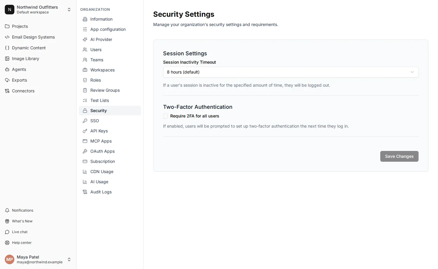 The Security Settings page in Organization settings