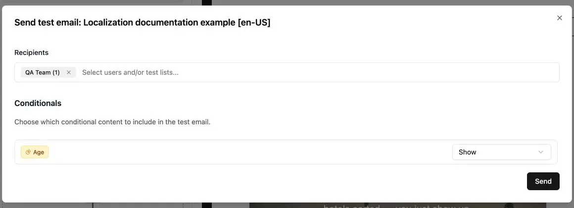 The test email dialog with the QA Team test list and conditional content selected