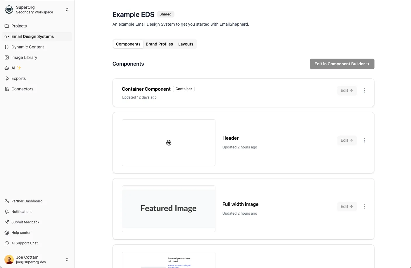Shared Email Design System badge on the show page