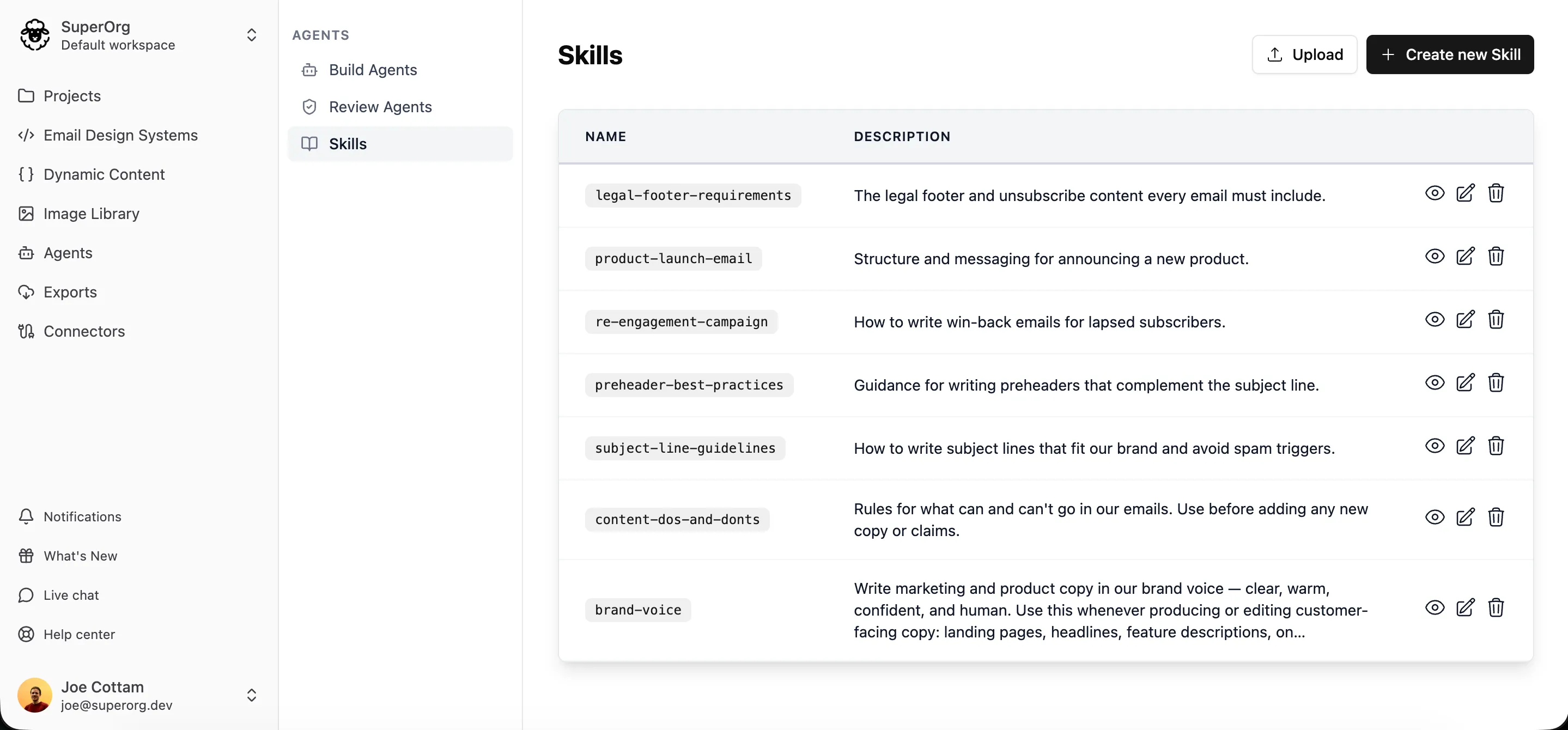A workspace's Skills tab listing several skills with their descriptions