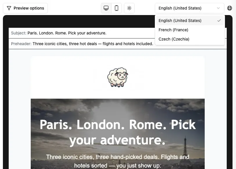 The editor locale dropdown showing English, French, and Czech versions of an email.