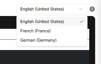 The locale dropdown showing English, French and German