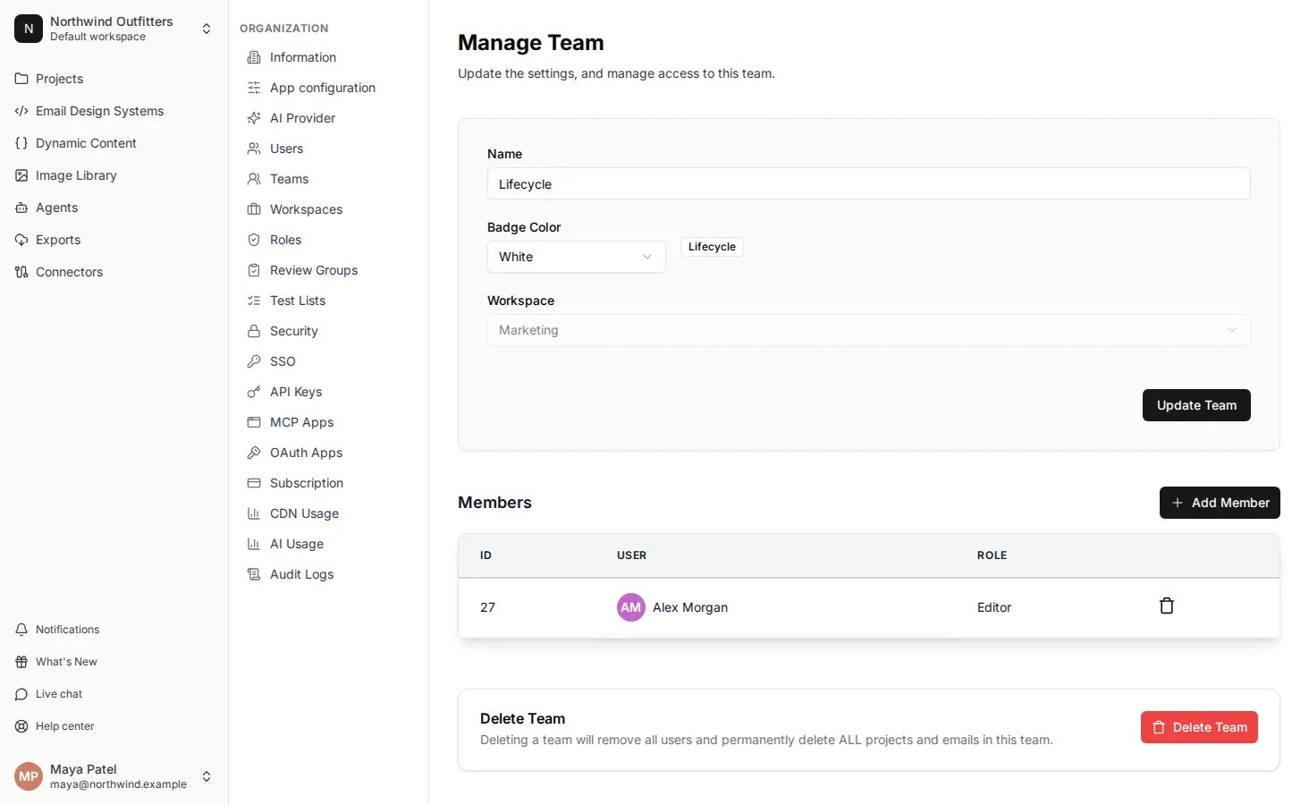 A team's Members section, with the Add Member button