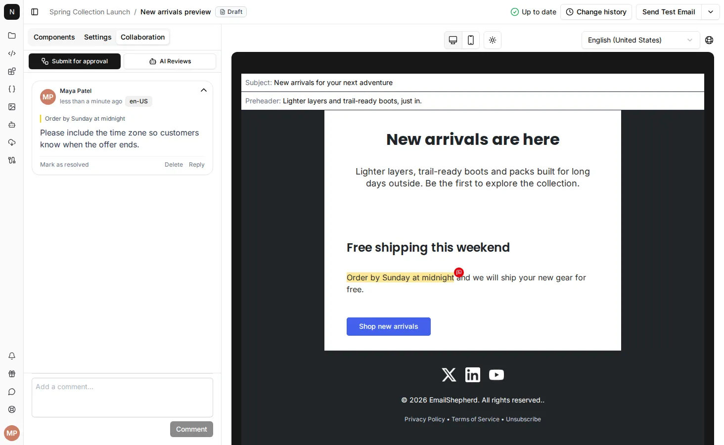 Selected email text highlighted with a comment quoting the same text in the Collaboration sidebar