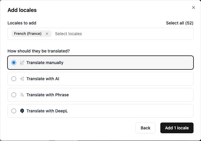 Add locales with French (France) selected and Translate manually chosen.
