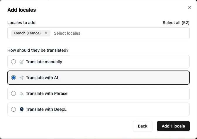 Add locales with French (France) selected and Translate with AI chosen.
