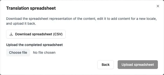Translation spreadsheet panel with Download spreadsheet (CSV), Choose file, and Upload spreadsheet controls.