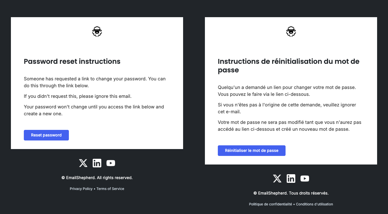 A password reset email translated into french